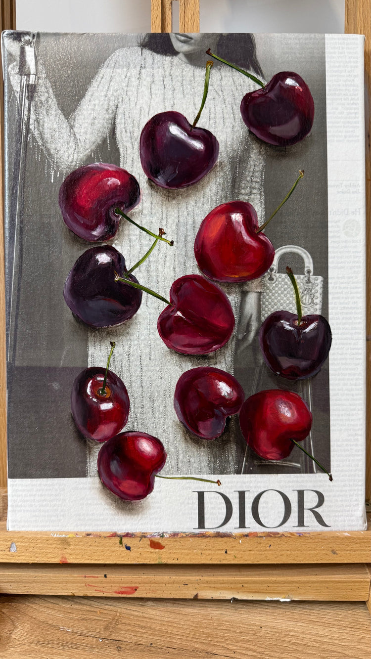 Julia Stan - Dior Cherries - Oil on Newspaper