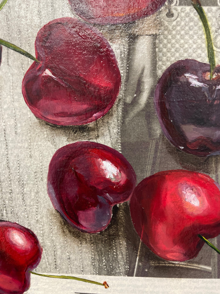 Julia Stan - Dior Cherries - Oil on Newspaper