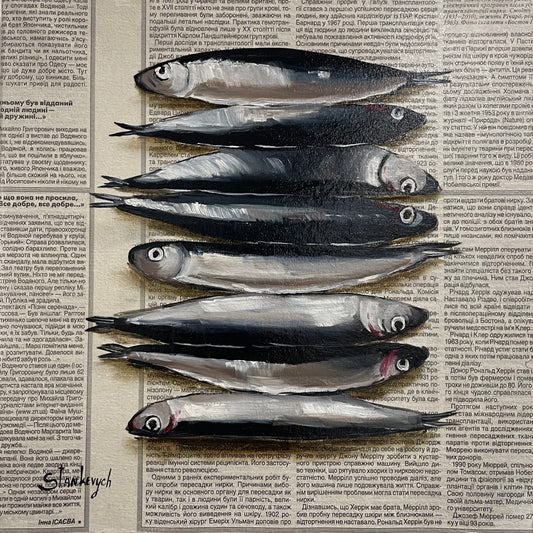Julia Stan - Sardines- Oil on Newspaper
