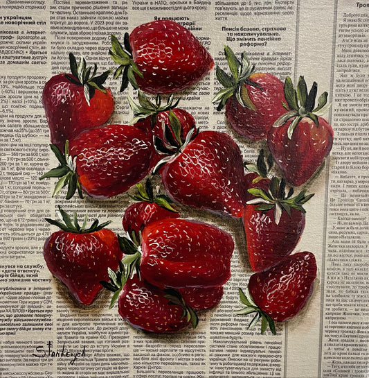 Julia Stan - Strawberries - Oil on Newspaper
