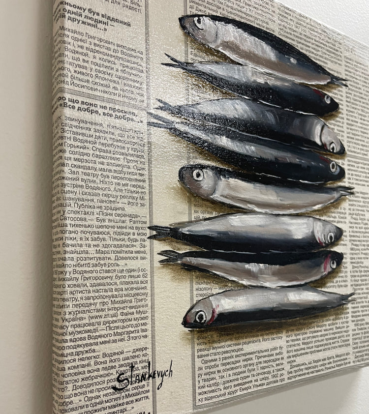 Julia Stan - Sardines- Oil on Newspaper