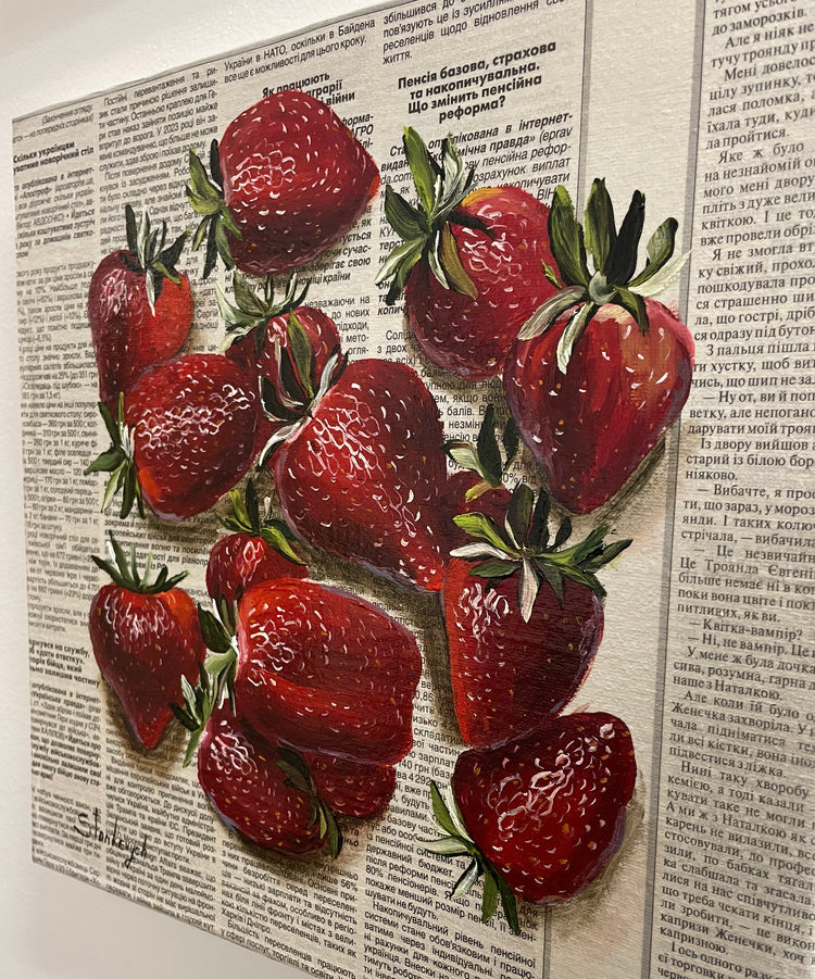 Julia Stan - Strawberries - Oil on Newspaper