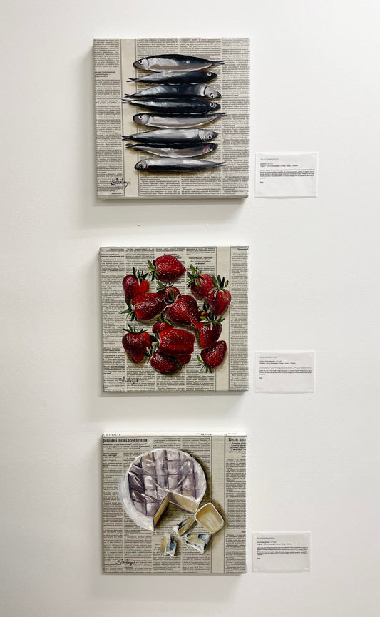 Julia Stan - Brie Cheese Round- Oil on Newspaper