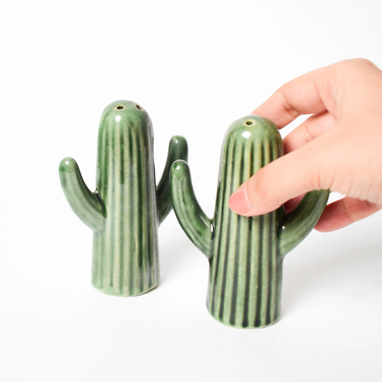 Green Cactus Salt & Pepper Shaker Set | Hand-Painted Ceramic Stoneware | 4 Inch