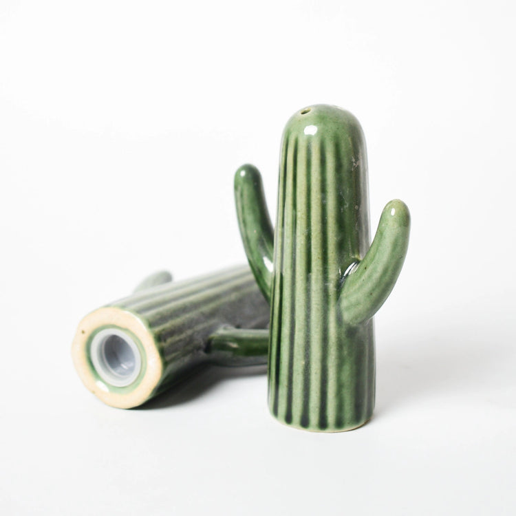 Green Cactus Salt & Pepper Shaker Set | Hand-Painted Ceramic Stoneware | 4 Inch