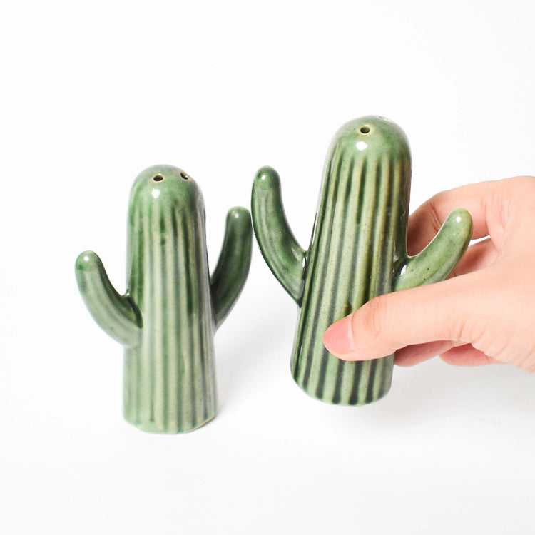 Green Cactus Salt & Pepper Shaker Set | Hand-Painted Ceramic Stoneware | 4 Inch