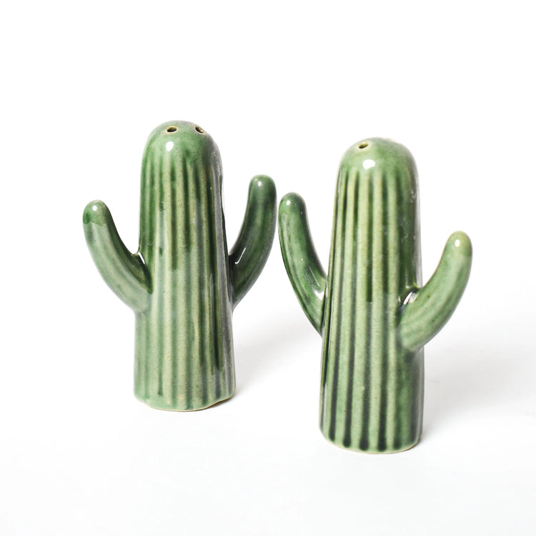 Green Cactus Salt & Pepper Shaker Set | Hand-Painted Ceramic Stoneware | 4 Inch