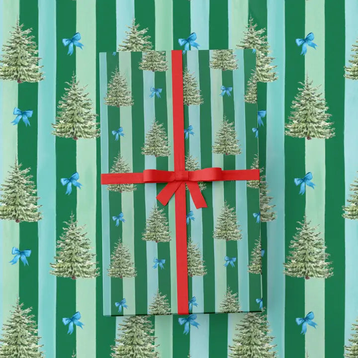 Blue Spruce and Bows Green Striped Wrapping Paper