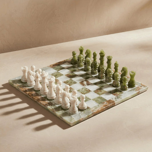 Marble Chess Set with Storage Case - Green Onyx and White