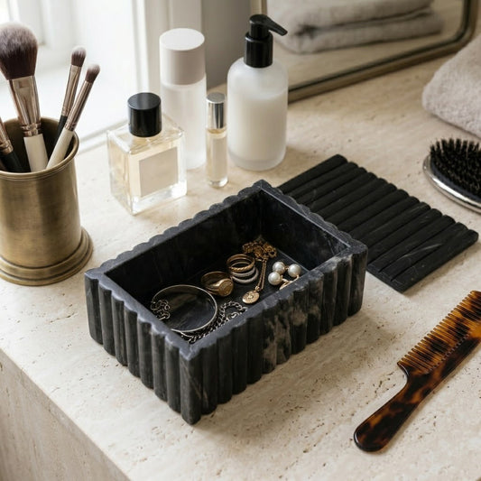 Decorative Box - Black Marble Ridged with Lid, 7 in.