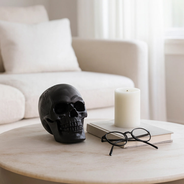 Figurine - Black Metal Modern Bold Intricate Skull, 6 in.